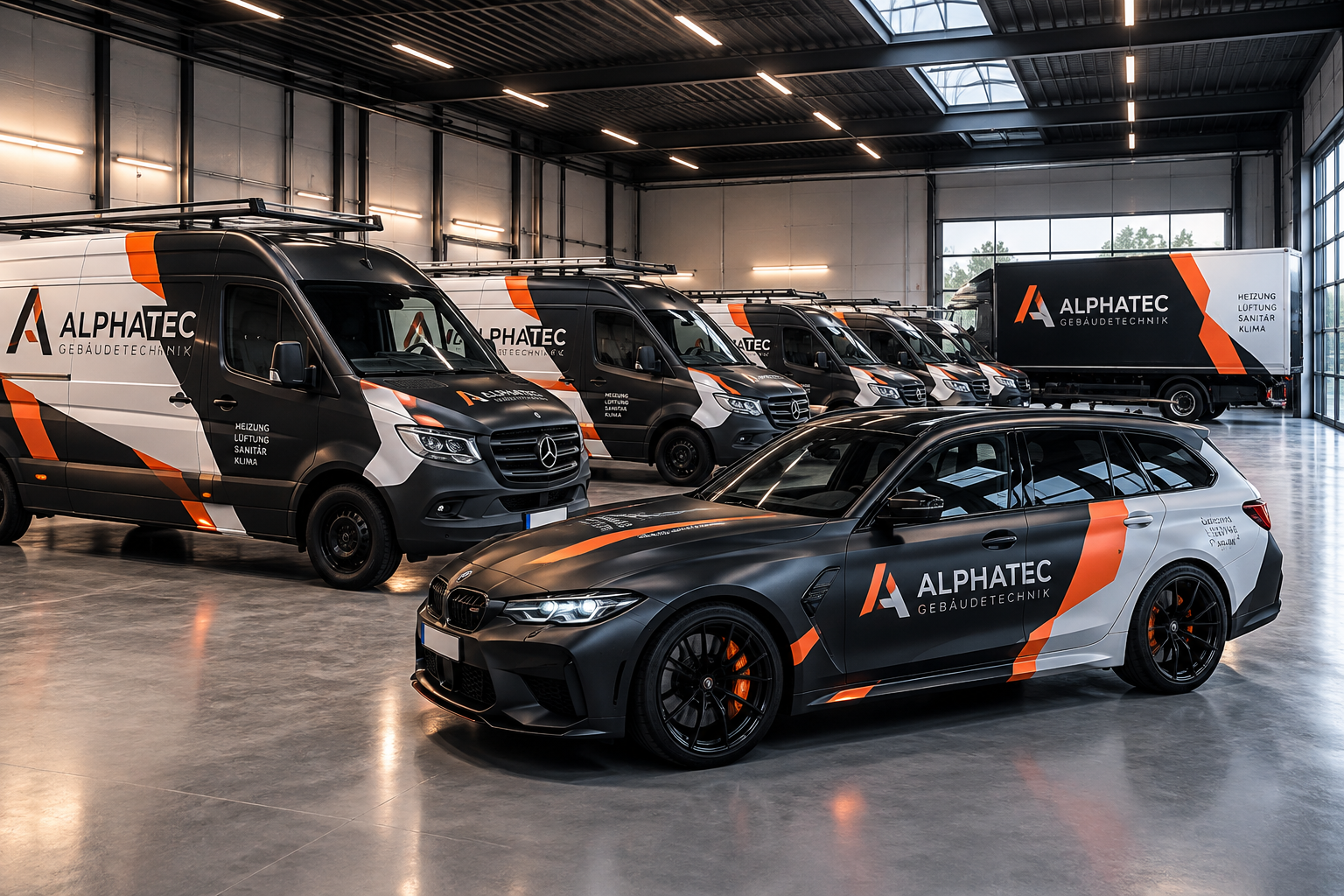 Staffelförmig aufgestellte Transporterflotte in Anthrazit mit orangenen Akzenten und Fahrzeugbeschriftung in einer Fertigungshalle