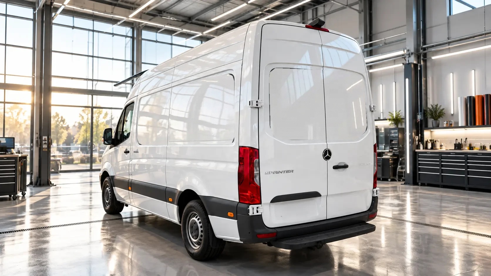 Weißer Mercedes Sprinter – Beispiel für den StarFolierung Klassiker